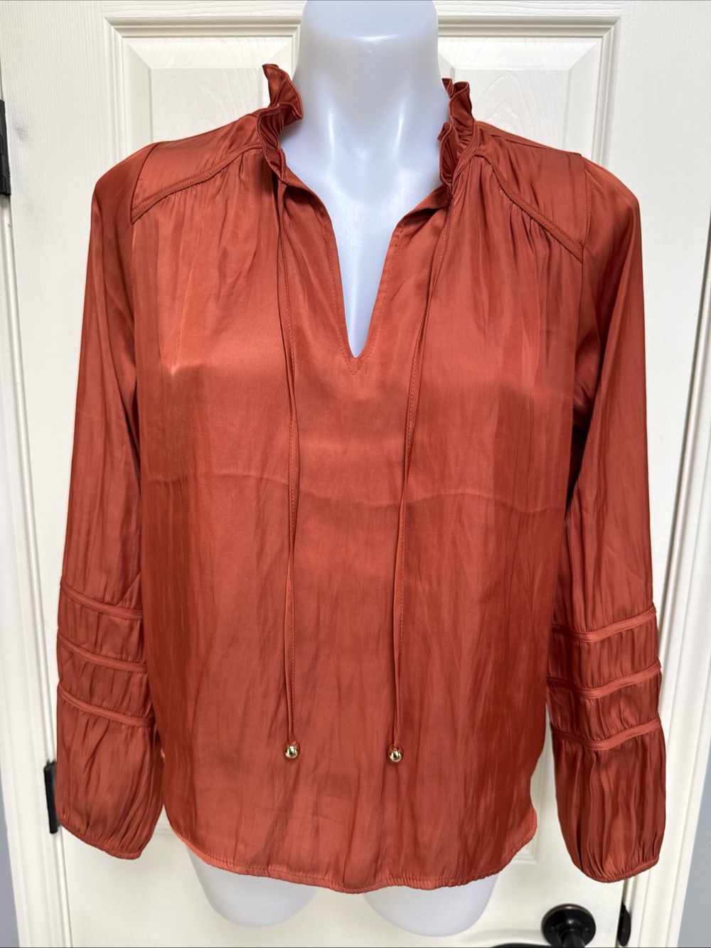 RACHEL ROY Women Blouse Rust Orange Polyester Ruffle Ruched boho Tassel NEW sz S